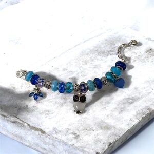 Blue Beaded Charm Bracelet with Owl Pendant - Women Jewelry